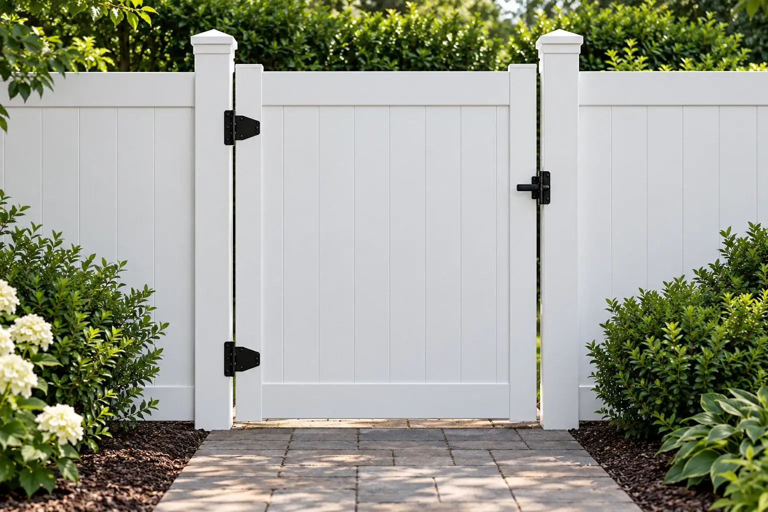 White vinyl privacy gate with two black hinges and a latch between square support posts