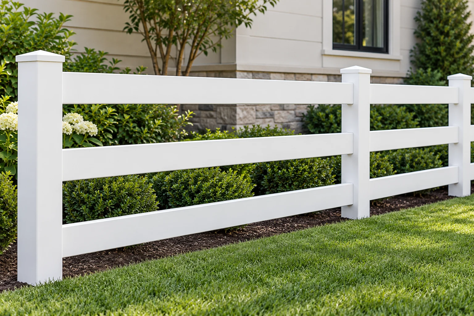 Open white vinyl fence with three horizontal rails fitted into square capped posts