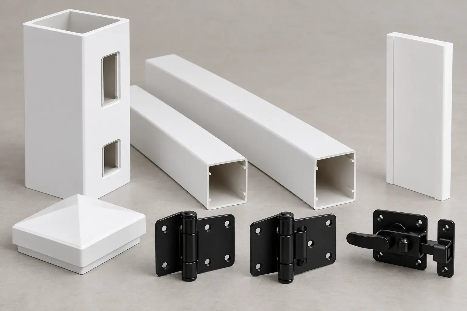 White vinyl post, rail and cap samples with black gate hinges and a latch