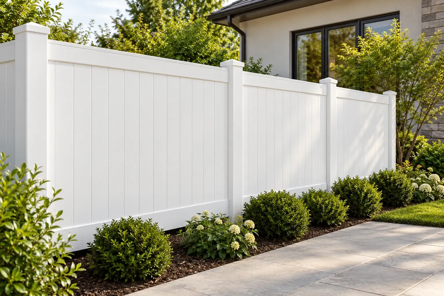 White vinyl privacy fence with solid vertical infill, straight rails and capped posts beside a residential garden