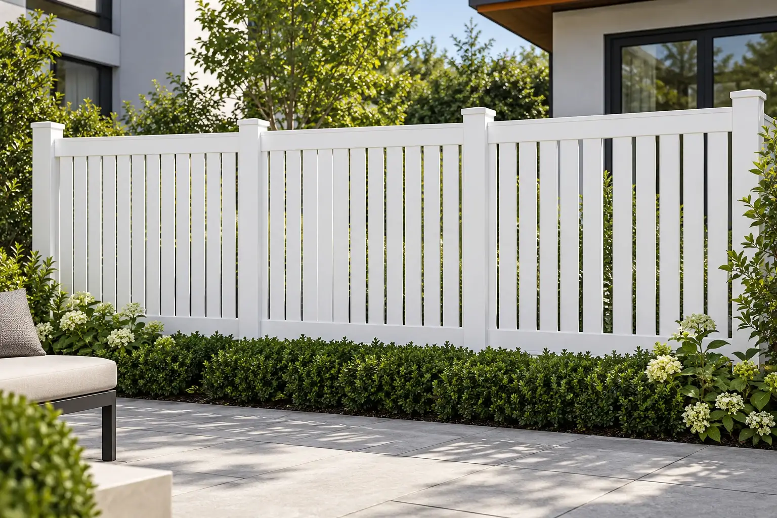 White vinyl semi-privacy fence with spaced vertical slats between capped posts